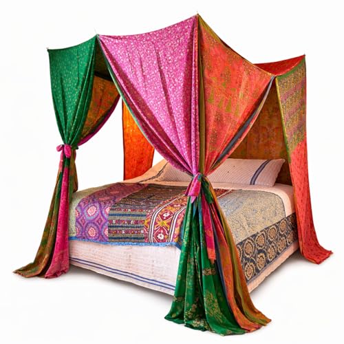 KLAVATE Bed Canopy Curtains Boho Curtains Bohemian Decor Indian Silk Sari Saree Bohemian Wedding Backdrop (Queen)