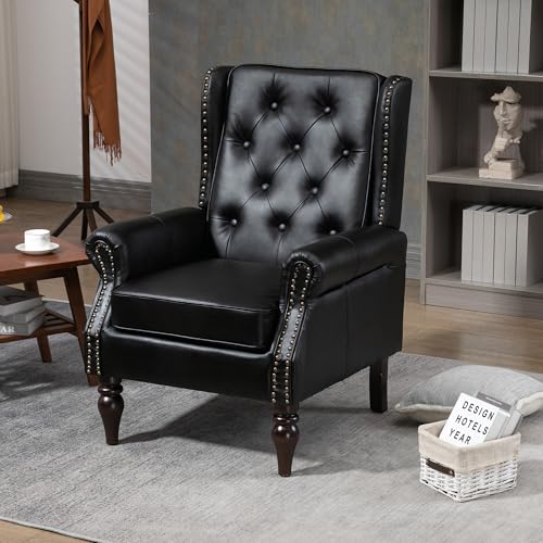 Havemies Faux PU Leather Accent Chair,Mid-Back Comfy Wood Frame Armchair with Thick Padded Cushion,Lounge Sofa Club Chair with Sturdy Wood Legs for Bedroom,Home Office (Black)