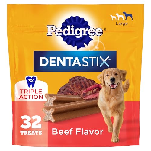 Pedigree Dentastix Dog Dental Treats, Large Breed Dog Treats, Beef Flavor, 1.67 lb. Bag (32 Treats Total)