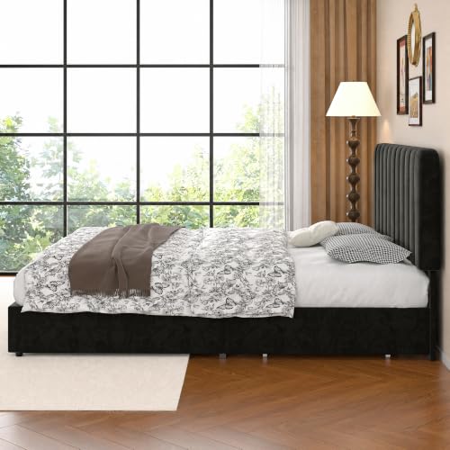 Image of VECELO King Size Upholstered Bed Frame with 4 Drawers and Headboard, Velvet Platform Storage Bedframe, Wooden Slats Support, No Box Spring Needed,Black