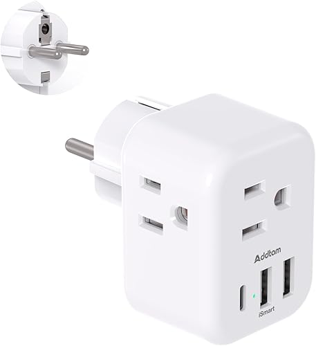 Adaptador de enchufe de viaje de Alemania Francia, 3 tomas de corriente y 3 puertos de carga USB (1 USB C), adaptador de corriente internacional
