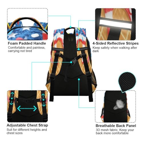 Image of American Flag Ice Cream Backpacks with Chest Strap,Lightweight Bookbags 17 Inch, Casual Daypack Bags
