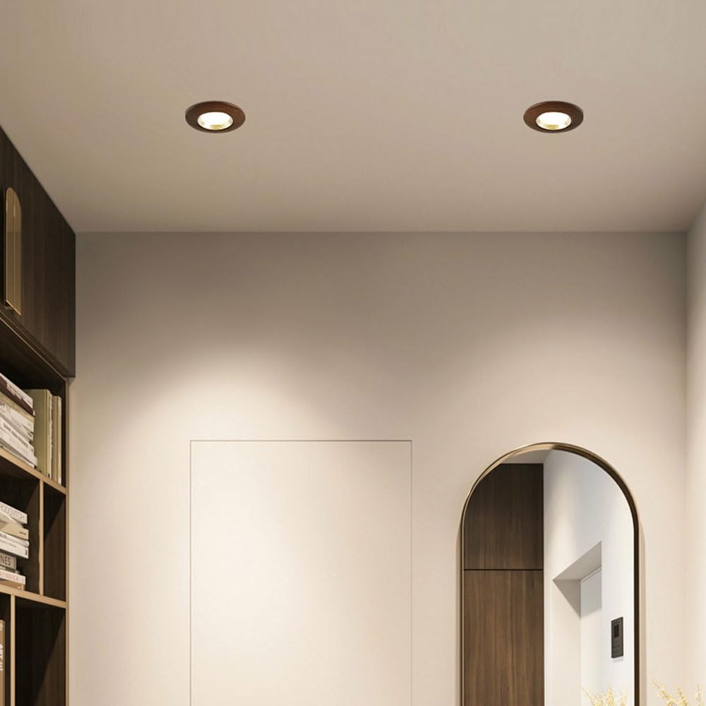 Lot De 7 Luminaires Encastrés LED De 3,9 Pouces. Éclairage Encastré LED Ultra Fin 3000 K Blanc Chaud, Lumières LED 5 W, Spot LED COB en Grain De Bois De Noyer, Garniture De Déflecteur.