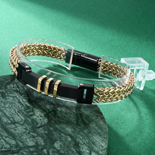 Men'S Titanium Steel Bracelet Double Row Braided Bracelet, Black And Gold And Silver Combination3