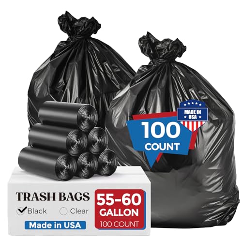 Fuxury 55-60 Gallon Extra Large Trash Bags, 100 Count Black Garbage Bags, 23 Mic Thick, 38x58 in, Star-Seal Bottom, Plastic Bags Ideal for Home, Yard & Commercial Use, Made in USA