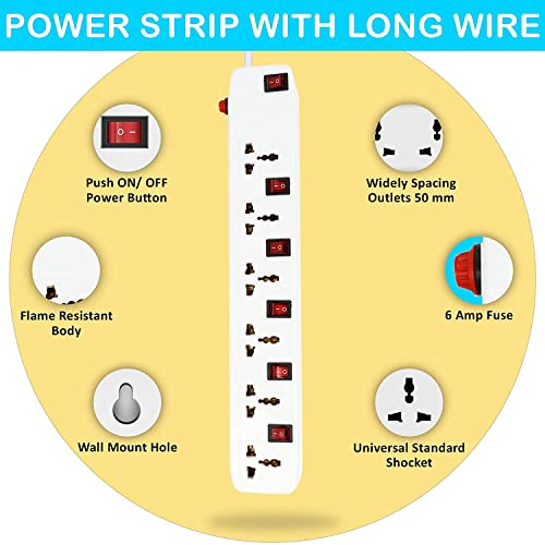 Image of FEDUS 16.4 Feet Long Extension Board Extension Box | Spike Guard 6 Socket 6 Switch Junction Box with Switch, Extension Cords Cord, Spike Buster, Extension Board with 5m Wire (6 Socket 6 Switch)