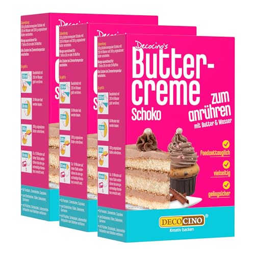 Decocino Schoko Buttercreme Fertigmischung (3x250g) - fertige Buttercreme Mischung im Schoko Geschmack, ideal für Torten, Kuchen und Cup Cakes, Topping, Motivtorten, Frankfurter Kranz, Geburstag