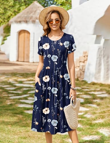 Image of Zeagoo Womens Summer Dresses Casual Aline Midi Dress Short Sleeve Floral Tshirt Dress Flowy Beach Sundresses with Pockets