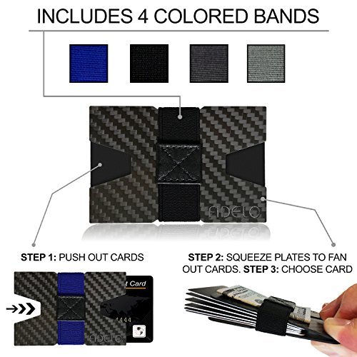 Fidelo Minimalist Wallet For Men - Slim RFID Blocking Mens Wallets Credit Card Holder. 3K Carbon Fiber. The Compact Wallet Comes With 5 Colors of Cash Bands - Minimalist Elite3