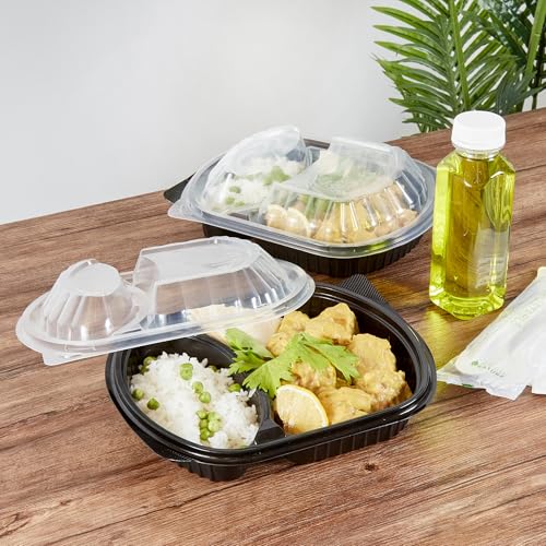 Image of Restaurantware-Chef 101 28 Ounce Meal Prep Containers, 100 Microwavable To Go Containers With Lids - 2 Compartments, Disposable, Black Plastic Oval Food Containers, For Hot And Cold Food, Freezable