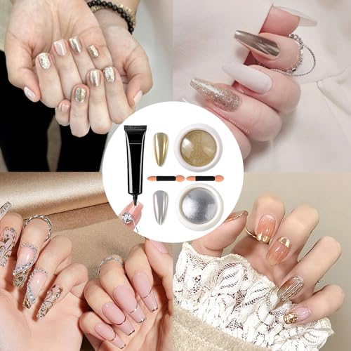 Nail Design Set, 15g 3D Gel Nail Art Und 2 Flasche Chrome Nail Powder MIT 2 Schwammstab, Gold & Silber Pigment Für Nägel, Glitzerpuder Chrome Nagelpulver, Nagel Pulver DIY Nageldesign