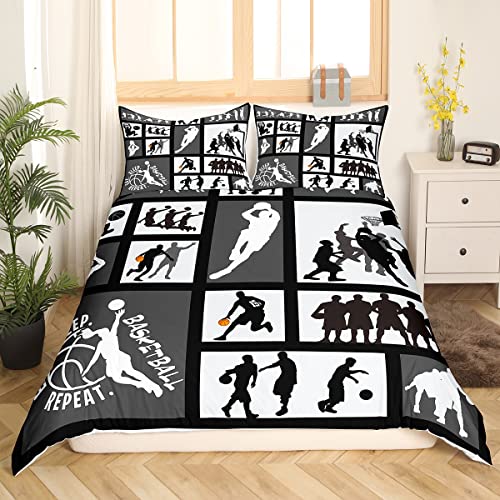 Loussiesd Boys Basketball Bedding Set King Basketball Competition Games Kids Duvet Cover Set Teenagers Men Sports Theme Bedding Set Geometric Black Decor Bedroom Collection 3pcs - Image 3