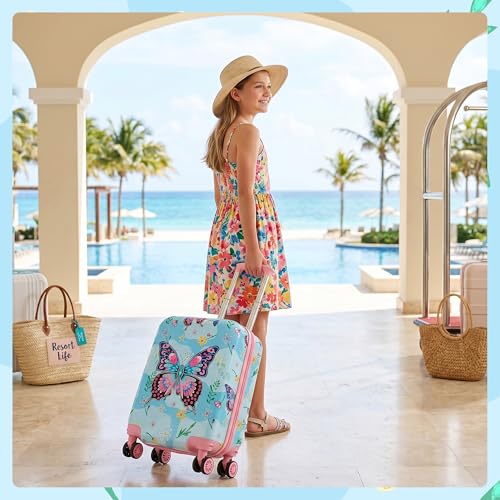 Image of Kids Luggage Set 2 Pcs Carry On Rolling Suitcase with U shaped Pillow Butterfly Toddler Suitcase for Girls Hardside Luggage with Spinner Wheels Airline Approved