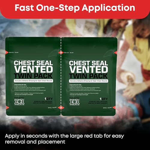 Image of Vented Chest Seal with Quick Tear - 6.6 inch Occlusive Adhesive Dressing for Open Chest Wounds - Medical-Grade Hydrogel Adhesive for Trauma Kits - 12-Pack (24-Counts)