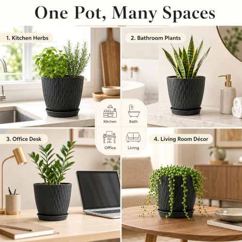 Image of SWAPKART (Pack of 5 6 Inch Plastic Flower Pots for Indoor & Outdoor Terrace,Garden Plants Decorative Planters with Drainage Holes & Matching Saucers Durable & Lightweight (Black)