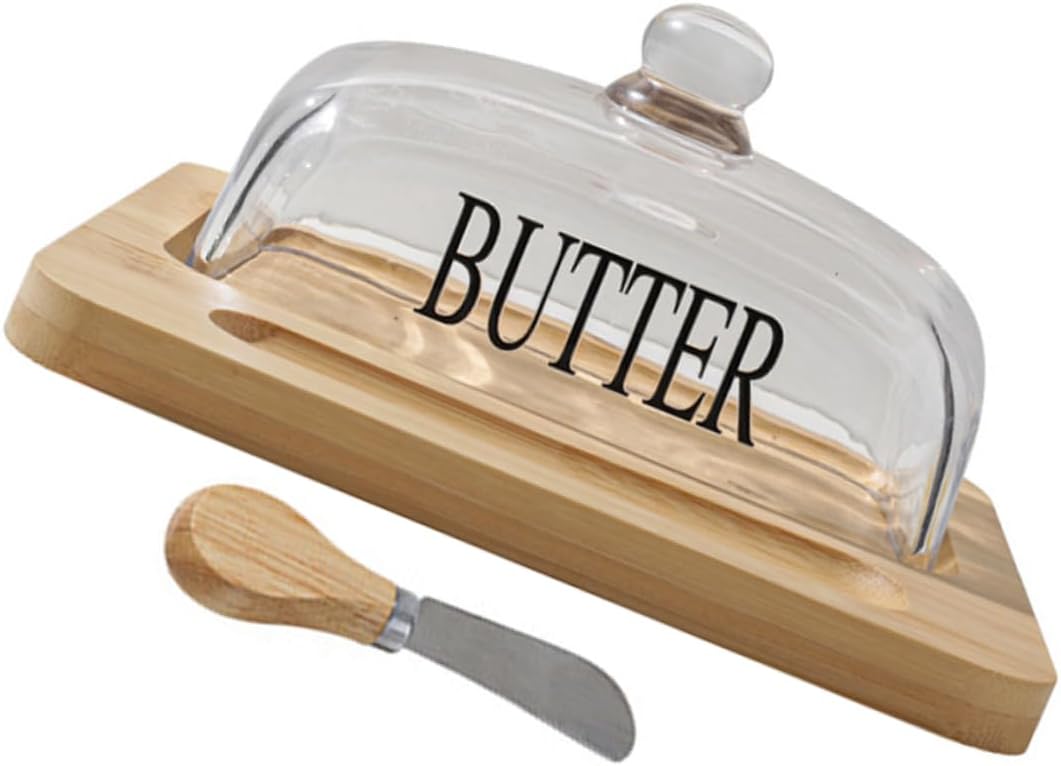 1set Wood Butter Tray with Dome Lid Transparent Butter Container for Freshness Elegant Design for Daily Use and Serving Cheese Stylish Kitchen Accessory
