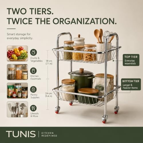 Image of TUNIS Tier Stainless Steel Kitchen Storage Trolley with Wheels | Multipurpose Vegetable & Fruit Rack Organizer | Movable Storage Cart for Kitchen, Pantry & Home (Open Wire Trolley, 2 Tier)