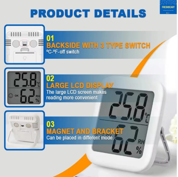 Image of FreshDcart Digital Thermo Hygrometer - Accurate Indoor Thermometer with Humidity Gauge for Home, Office, Greenhouse, Baby Room - Monitor Temperature and Humidity Levels