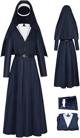 Womens Mrs Davis Costume Nun Cosplay Halloween Outfit Sister Priest Uniform Blue Dress Suit Wimple Cross Pendant