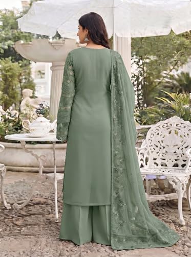 Image of RUDRAPRAYAG Women's Georgette Fabric Wih Embroidered Sequence Work And On Neck Moti Hand Work Semi Stitched Sharara Salwar Suit With Dupatta Set