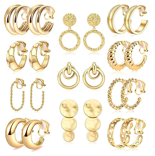 MOZAKA 11 Pairs Gold Clip On Hoop Earrings for Women Fashion Clip on Earrings Twist Round Geometric Chunky Hoop Clip Earrings Adjustable Fake Clip On Earrings Set for Gift