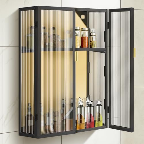 LOJAX Armario de Baño Pared, 2 Capas, Negro, 58 x 44 x 19 cm, Montado en Pared, Aparador con Puerta