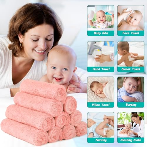 Image of HOMEXCEL Baby Washcloths 12 Pack-Microfiber Coral Fleece Baby Bath Face Towel 7 x 9 Inch Extra Absorbent Soft Burp Cloth and Wash Cloths for Newborn-Infants and Toddlers-Gentle On Sensitive Skin,Pink