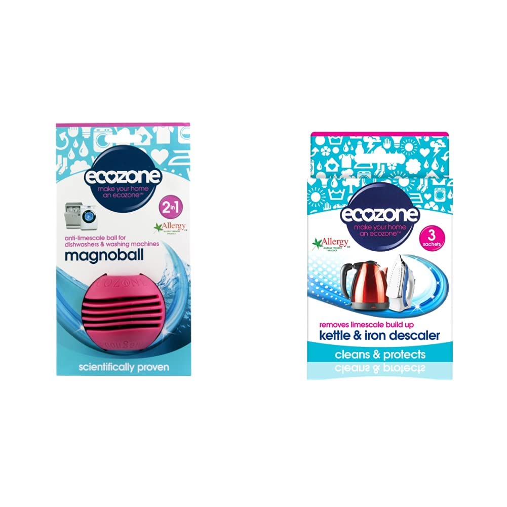 EcozoneMagnoball - Anti-Limescale Ball for Washing Machine & Dishwasher Lasts up to 5 years & Kettle & Iron Descaler | Easy Use Sachets | Powerful Limescale Removal, 3 Uses