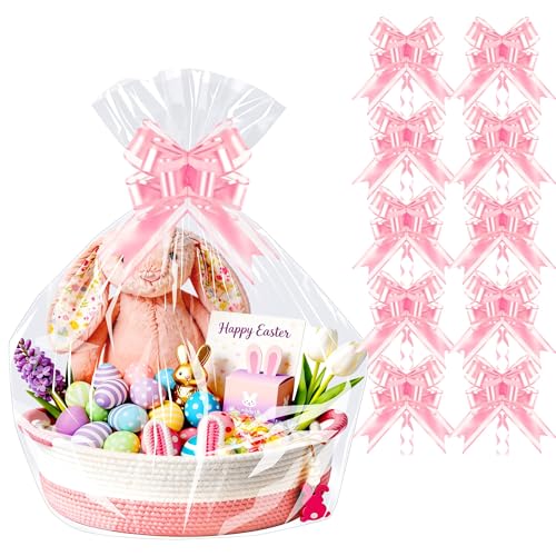 Image of PigPotParty Cellophane Bags for Gift Baskets, 24x30 in, 10 Pack, Pink Bows | Thick clear OPP holds shape; seamless bottom resists tears; easy-to-use large pull bows save time and add a polished finish
