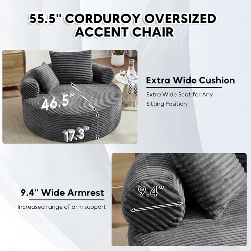 Image of Oversized Round Chair Lounge Chaise Indoor, 55.5 inch Upholstered Corduroy Deep Seat Single Cloud Sofa Chair, Fluffy Modern Large Circle Boneless Sleeper Sofa for Living Room, Bedroom, Dark Grey