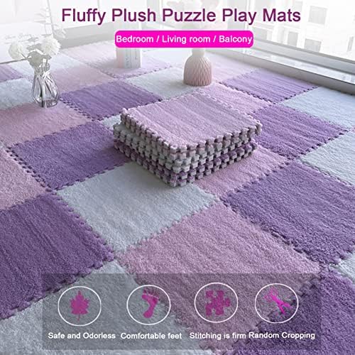 50pcs Interlocking Floor Tiles, Interlocking Carpet Soft EVA Foam Mats, Plush Interlocking Foam Carpet Tiles, Puzzle Play Mat with Border, 12x12inch(Size:1cm,Color:Light Pur