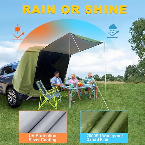 BUMBEE SUV Tailgate Tent Car Roof Canopy and Poles with Awning Shade, Outdoor Hatchback Rear Shelter, Roof Canopy, Waterproof Bug Protection, Fits for MPVs CUVs Van, Green