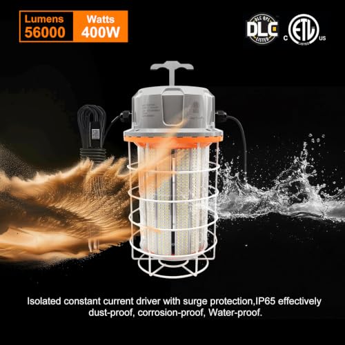 400W LED Temporary Work Light, 56000LM Construction Light 5000K Daylight White, Linkable Hanging Jobsite Light with Hook, IP65 Waterproof Portable High Bay Lighting for Workshop Garage Warehouse - image 3