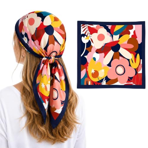 Image of Silk Like Head Scarf for Women Stylish Bandanas for Women Vintage Hair Scarf Wrap and Sleeping, Boho Floral Print Square Bandana Gift