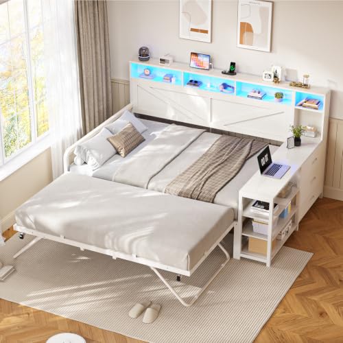 Image of MSmask Daybed with Trundle & 3 Storage Drawers, Full Size Day Bed Frame with Headboard & Charging Station, Farmhouse Wooden Bed Frame with LED for Bedroom and Guest Room, White
