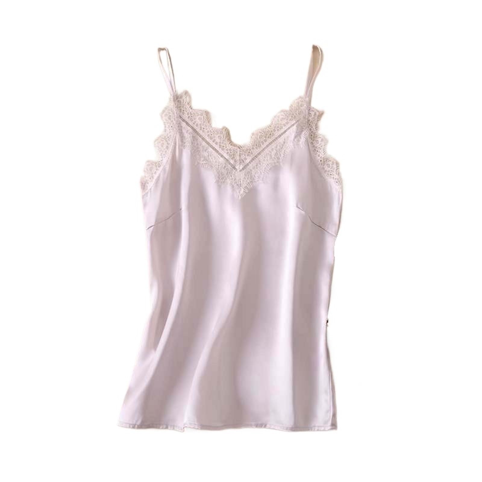 Canotta in Seta con Patchwork in Pizzo da Donna, Top in Raso Senza Maniche Scollo a V, Estate