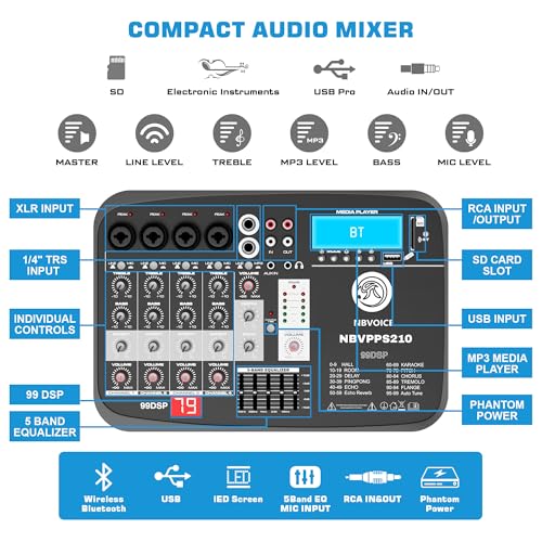Image of NBVOICE NBVPPS210DSP 10 inch 600W Professional Powered PA System with 99DSP Tech, 48V Phantom Power,8-Channel Mixer & Bluetooth 5.3,Tripods Included for DJ /Outdoor Events