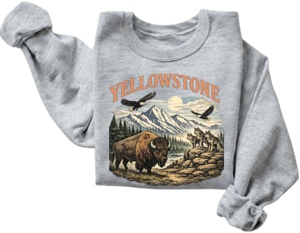 FITIN Unisex Yellowstone National Park Sweatshirt – Vintage Wildlife Graphic Crewneck – Bison & Wolves Nature Pullover