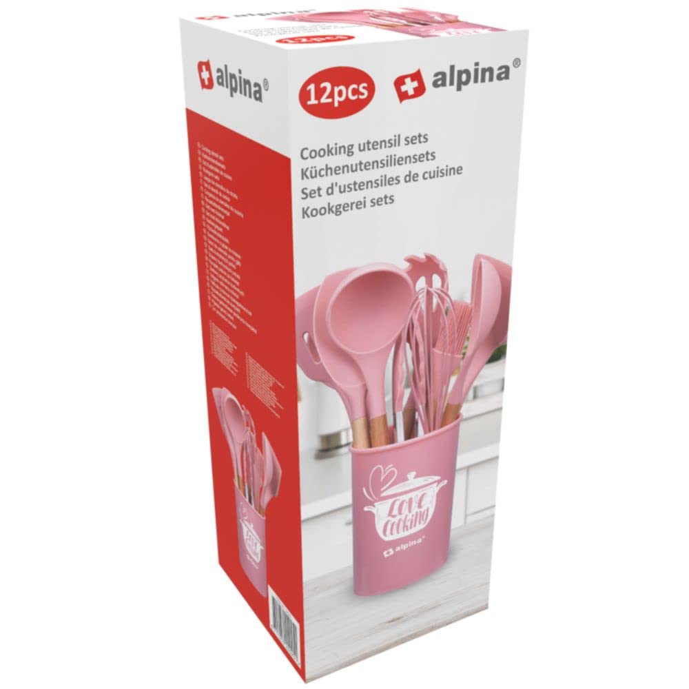 alpina Set di stoviglie da cucina con supporto, 12 pezzi, utensili in silicone con manico in legno, rosa