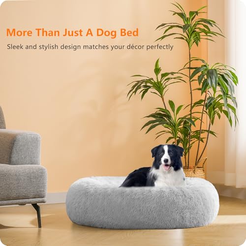 HMTOPE Orthopädisches Hundebett rund Hundekissen Hundesofa Katzenbett Donut Kuscheliges Hundekorb Waschbar, 90 cm Ø, Hellgrau