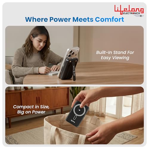 Image of Lifelong Electronics 10000mAh MagSafe Wireless Power Bank | 2 Cables - Lightning & Type C - for Wired Fast Charging | Powerbank for iPhone, iWatch and All Qi Enabled Phones & Devices | Display & Stand