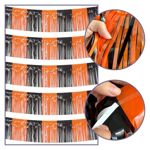 Image of 5 Pack 10 Feet Black Orange Foil Fringe Garland Tinsel Parade Float Fringe for Trailer Car Birthday Party Decoration Hanging Backdrop Banner Table Skirts