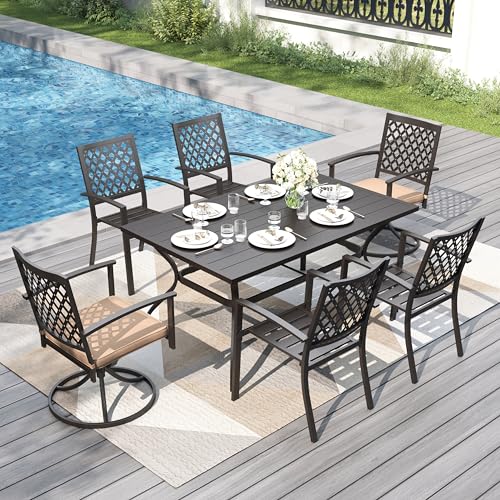 Image of PHI VILLA 7 Pcs Outdoor Dining Set for 6&Fixed Swivel Chairs Combo | 60 inchRectangular Black Metal Table with Umbrella Hole Patio Furniture Set for Patio, Deck, Backyard, Porch