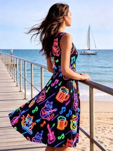 Image of uideazone Women Funny Print Sleeveless U Neck A Line Casual Midi Dress | Soft Stretchy Breathable Fabric Flared Swing Sundress Fitted Waist for Daily Wear 80 /90s Themed Party Beach Vacation Trips