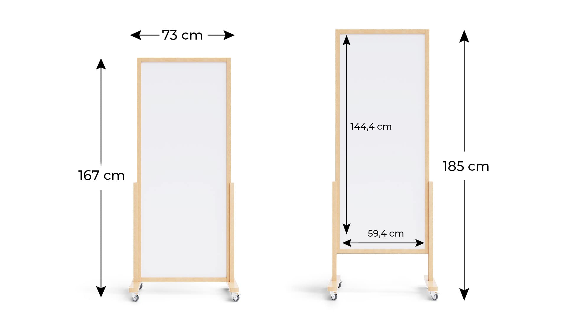 ALLboards Lavagna bianca magnetica verticale con ruote VERT 167x73cm con cornice in legno nera