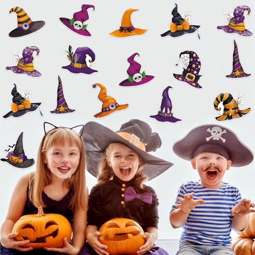 Image of 48 Pcs Halloween Cutouts, Cute Witch Hat Cutouts Halloween Bulletin Board Decorations Witch Hat Paper Cut-Outs for Home School Trick or Treat Party Chalkboard Wall Decor
