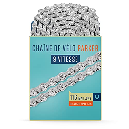 Alphatrail Chaîne de Vélo Parker 9 Vitesses 116 Maillons I Compatible avec Shimano, SRAM, KMC, Connex I Incl. Attache Rapide Chaîne Cover