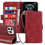 iCoverCase for iPhone 12/12 Pro Wallet Case with Wrist Strap, [RFID Blocking] PU Leather Kickstand Shockproof Case with Credit Card Holder Magnetic Flip Folio Cover Case (Red)