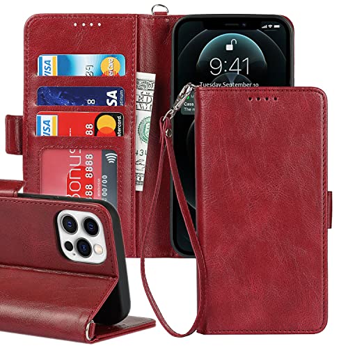 Étui portefeuille iPhone 12 Pro rouge anti-choc iCoverCase en cuir synthétique