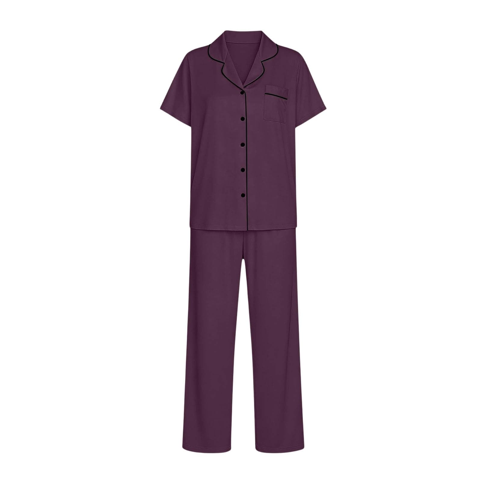 Set di due pezzi, da donna, morbido, comodo, pigiama, leggero, per il tempo libero, a maniche corte e pantaloni lunghi, basic tinta unita, vestibilità comoda